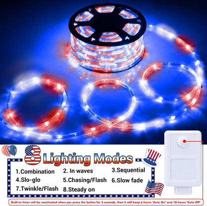 Skiennix 200ft LED Rope Lights - Waterproof Flexible Tube Lighting with 8 Modes | Red, White & Blue
