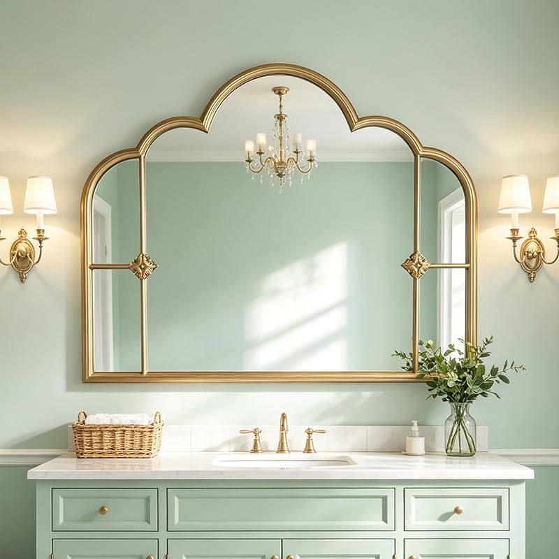 Gold Scalloped Wall Mirror - 33.85 x 25.59 in - Three-Section Vintage Frame