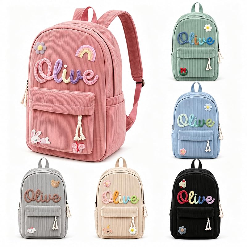 Personalized Kids Backpack with Name Embroidery, Corduroy School Bag for Girls & Boys
