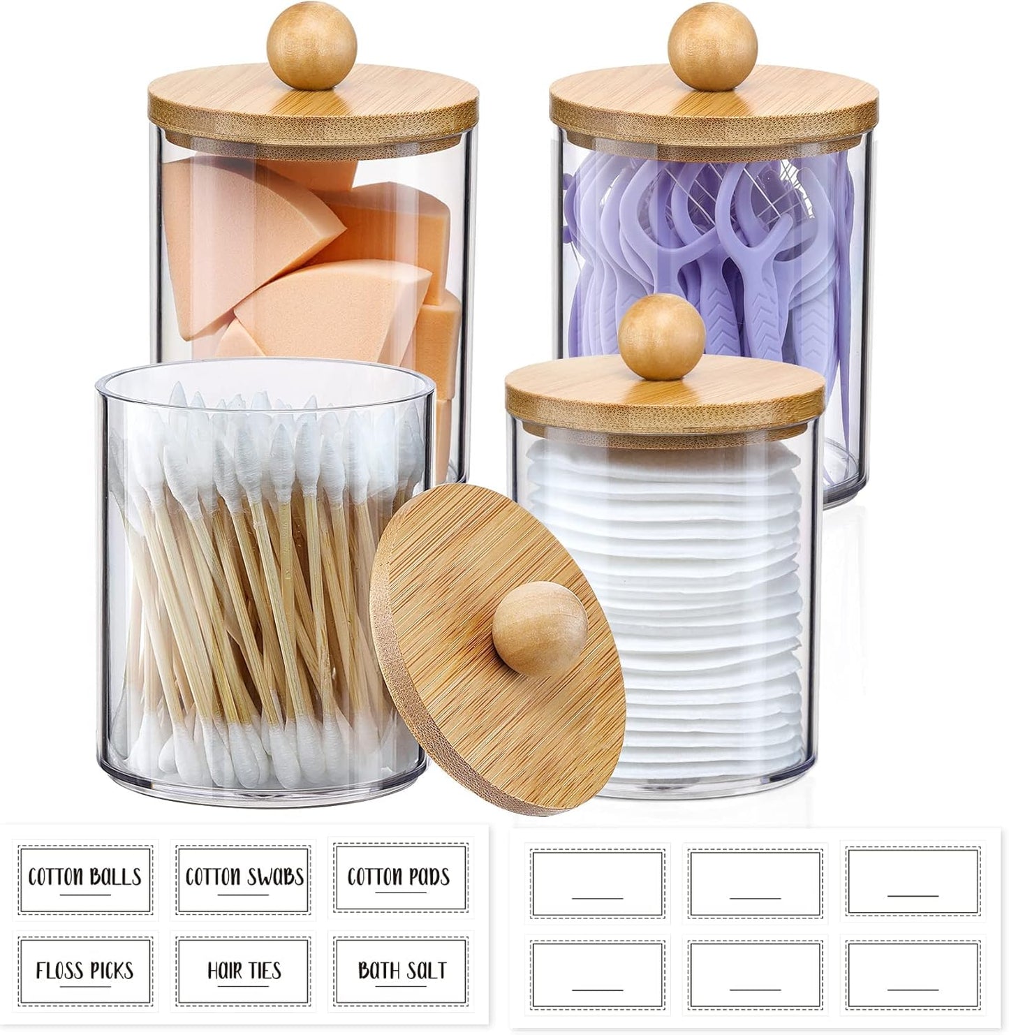 Qtip Holder Dispenser by [Brand Name] - 10 oz Clear Plastic Apothecary Jar with Bamboo Lids | Makeup Organizer for Bathroom Accessories