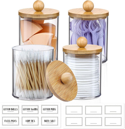 Qtip Holder Dispenser by [Brand Name] - 10 oz Clear Plastic Apothecary Jar with Bamboo Lids | Makeup Organizer for Bathroom Accessories