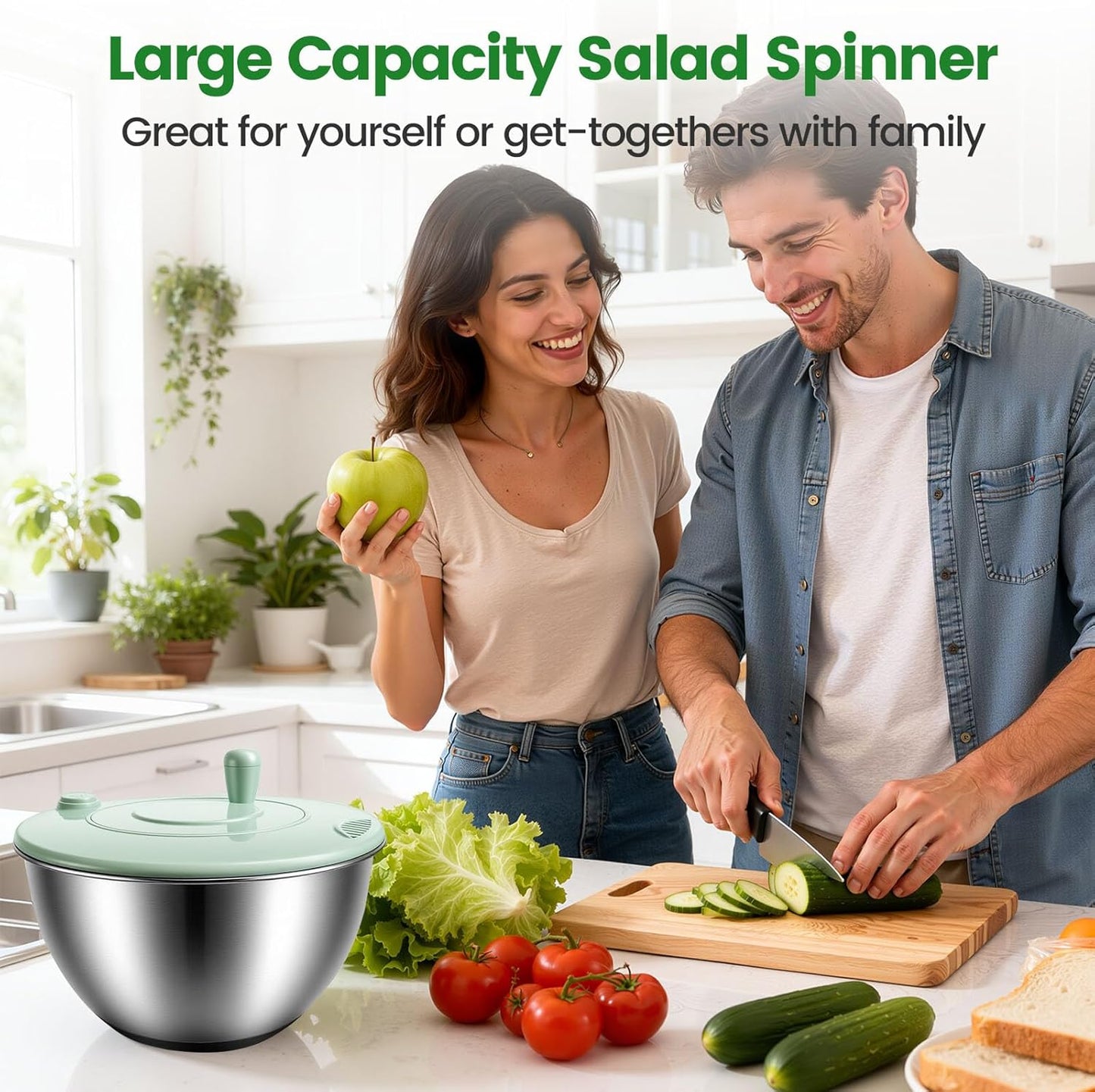 Stainless Steel Salad Spinner - 3-in-1 One-Touch Stop & Non-Slip Base | 5.3 Qt Vegetable Dryer for Healthy Living