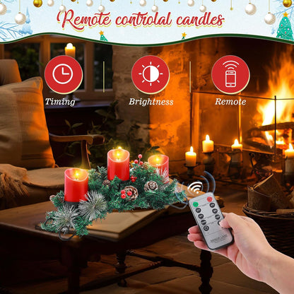 Mudder Christmas Table Centerpiece Set - 20" Steel Base with 3 Flameless LED Candles & Red Berry Decor