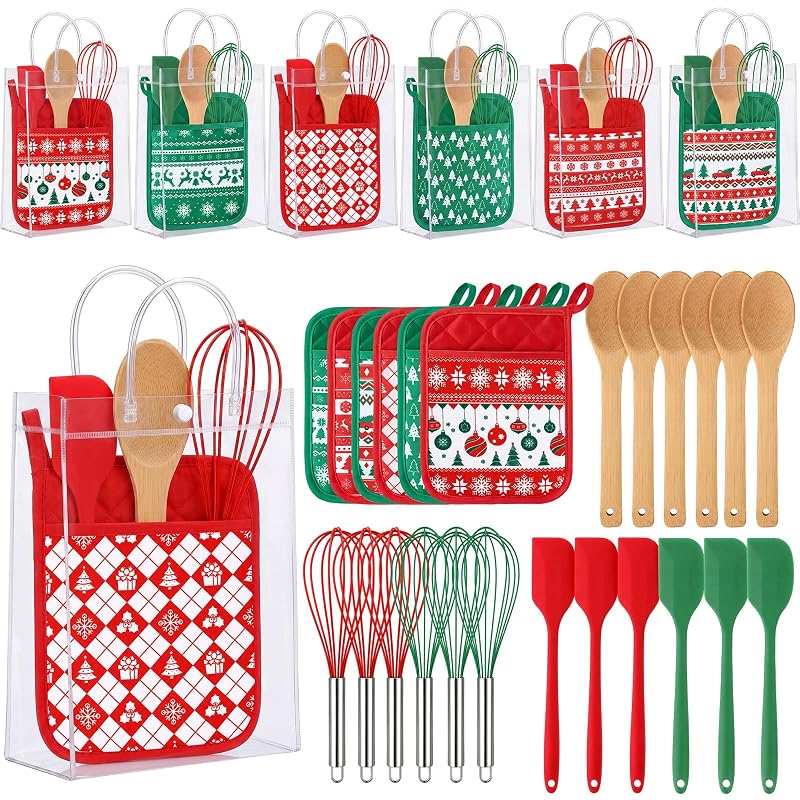 Christmas Pot Holders & Utensil Gift Set – 6 Potholders, 6 Spatulas, 6 Spoons, 6 Gift Bags, Vintage Knit Pattern (Red & Vintage)