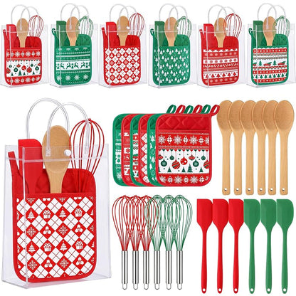 Christmas Pot Holders & Utensil Gift Set – 6 Potholders, 6 Spatulas, 6 Spoons, 6 Gift Bags, Vintage Knit Pattern (Red & Vintage)