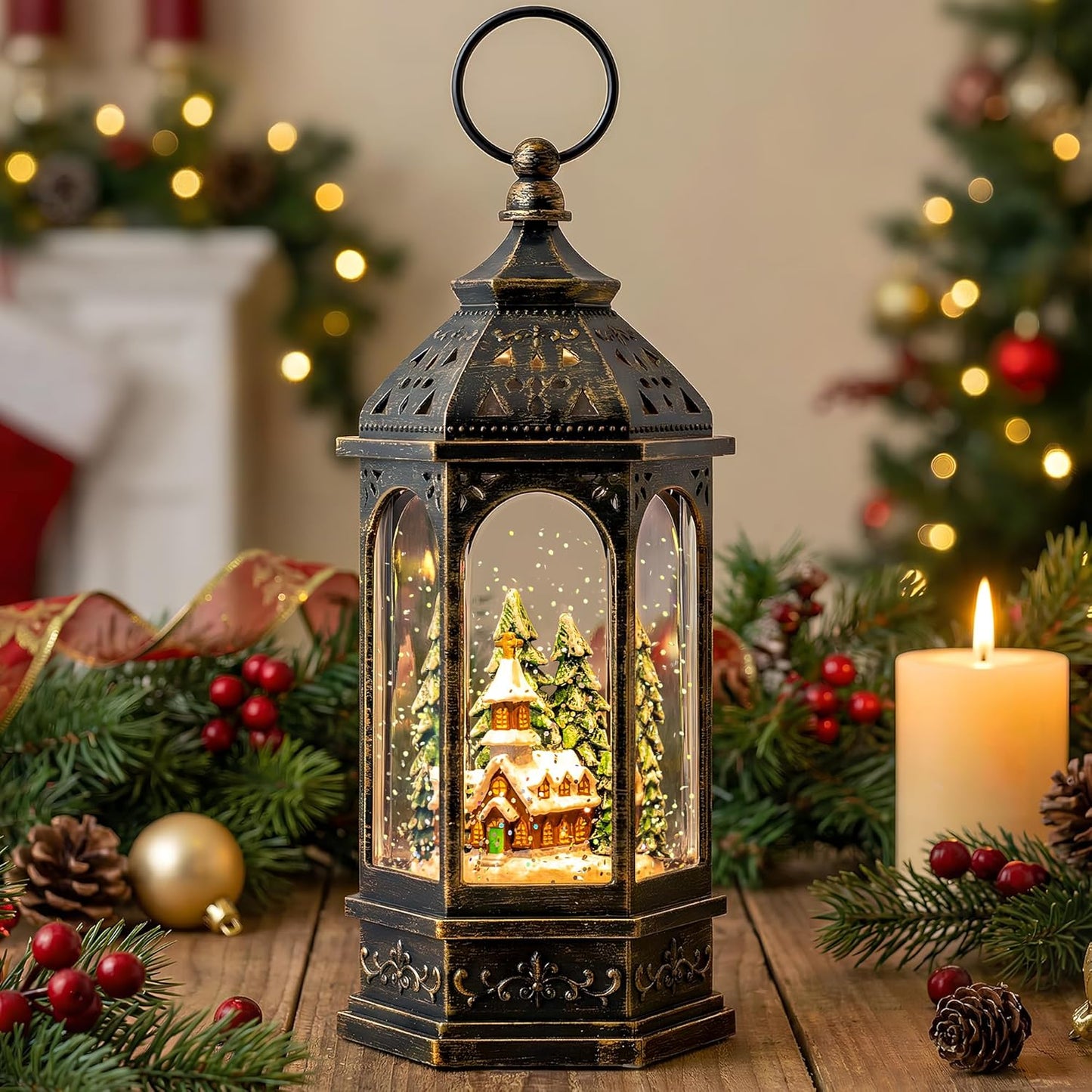 Regine Switzerland Christmas Snow Globe Lantern - Lighted Musical Church Decoration | Battery Operated & USB Powered