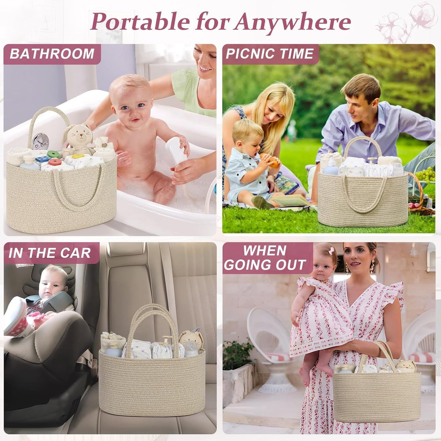 Skiennix 19L Baby Diaper Caddy Organizer - Cotton Rope Storage Basket with Removable Divider, Perfect for Nursery & Baby Showers