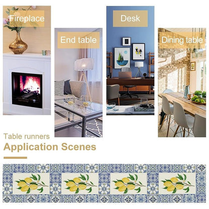 Lemon & Blue Tiles Table Runner 13x60in - Cotton Linen, Reusable Picnic & Dining Decor - Variation Lemon-7+W13"x L60"