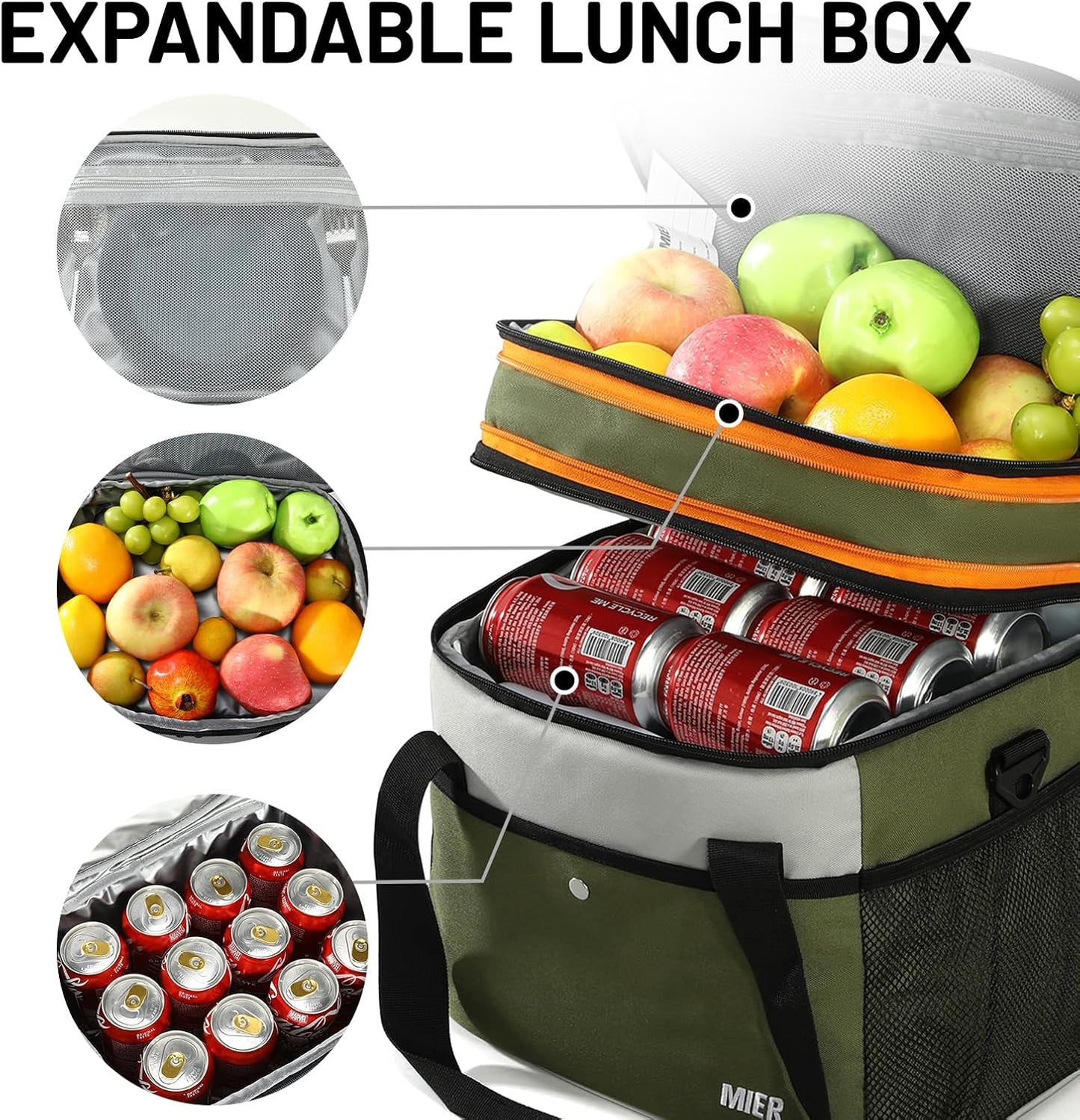 MIER Insulated Cooler Tote - Expandable 24L Lunch Bag for Work & Travel | Leakproof, Army Green