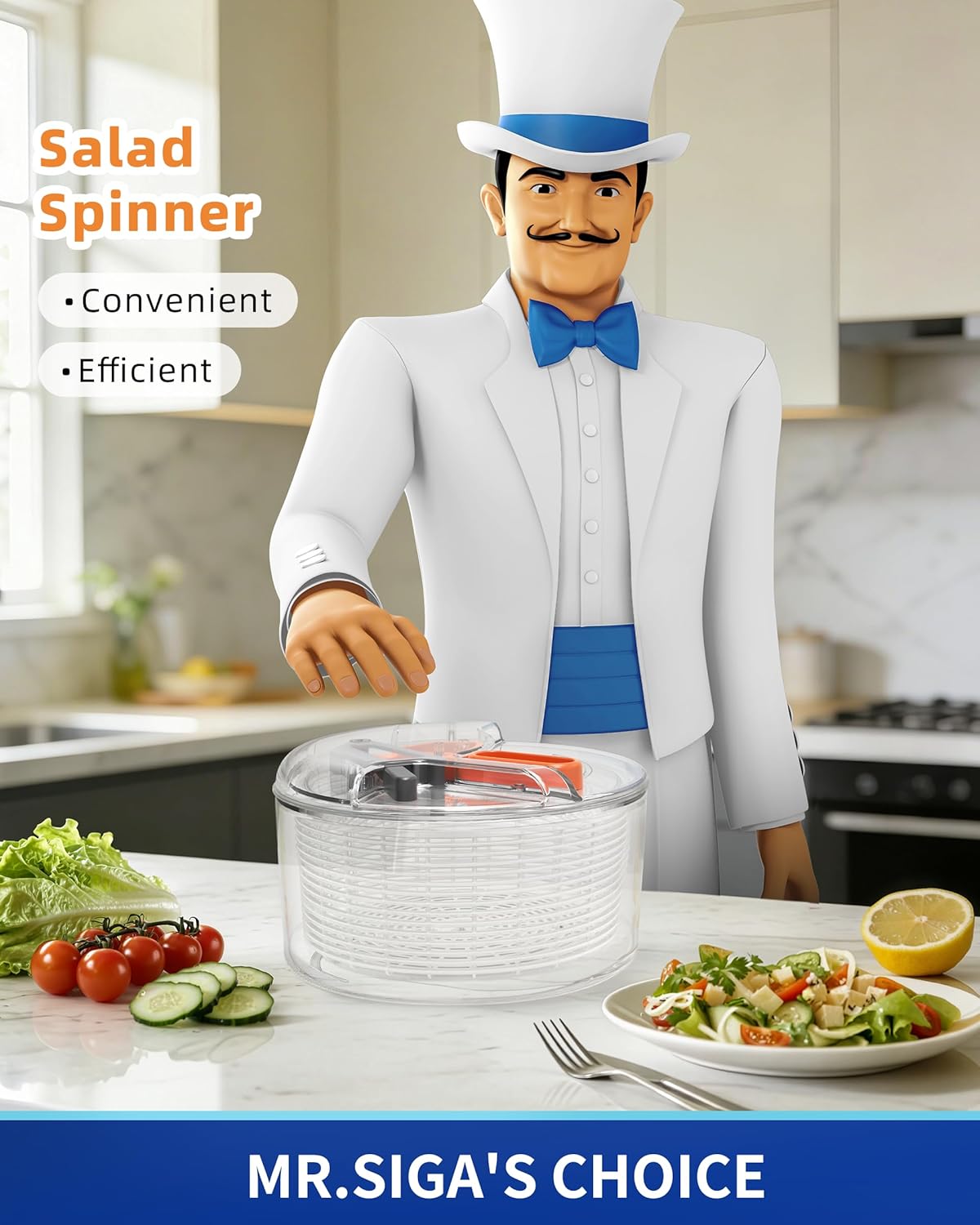 MR.SIGA Large Salad Spinner - Efficient Fruit Washing Bowl with Strainer for Greens & Vegetables