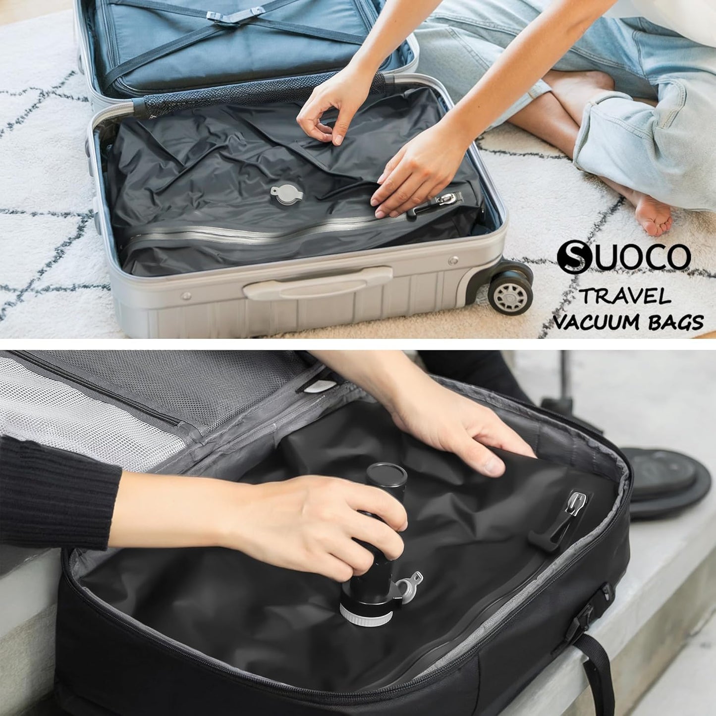 SUOCO Travel Vacuum Pack Kit - Wireless Electric Pump & Compression Bags for Luggage | 2 Small Size