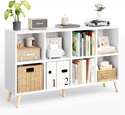 Flrrtenv 8-Cube Bookshelf - Modern 2-Tier Bookcase with Legs | 47" Freestanding Wood Storage in White
