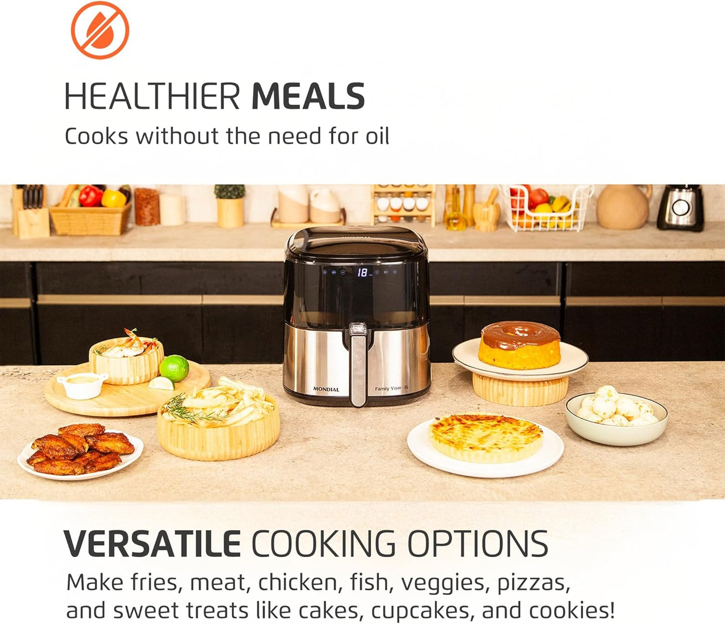 Mondial Air Fryer - Digital 5.3QT Capacity with High Power & Elegant Stainless Steel Finish - Black/Inox