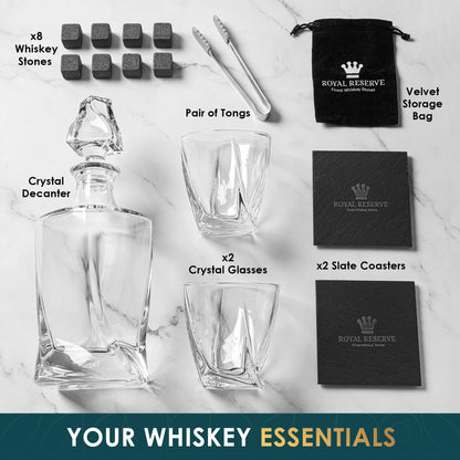 Whiskey Decanter Set by Royal Reserve – Whiskey Gift Set - Twisted Bourbon Decanter 34 oz 1000 ml with Glasses, Whiskey Stones, Coasters, Tongs – Whiskey Gifts for Men, Husband, Dad Christmas