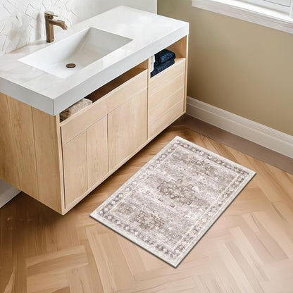 Boho Bathroom Rugs - Washable Non-Slip Soft Area Rug for Entryway & Kitchen | Modern Farmhouse Design (2x3 Beige/Latte)