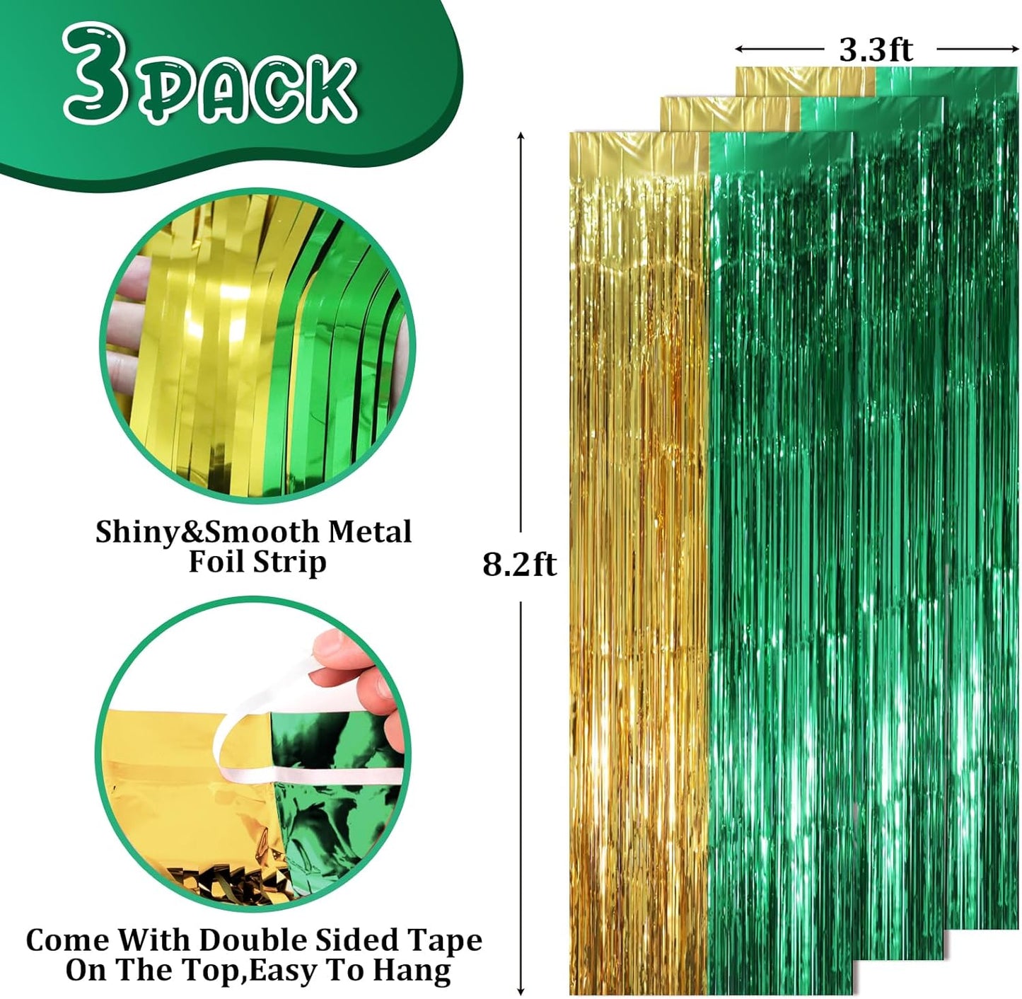 Voircoloria Green and Gold Foil Fringe Backdrop Curtains - 3 Pack Tinsel Streamers for Parties | 3.3 x 8.2 ft