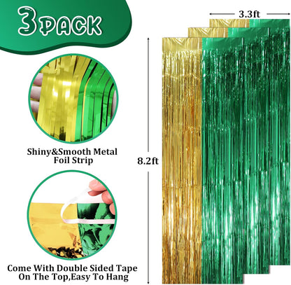 Voircoloria Green and Gold Foil Fringe Backdrop Curtains - 3 Pack Tinsel Streamers for Parties | 3.3 x 8.2 ft