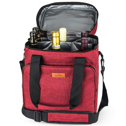 Freshore® Insulated Wine Carrier 6 bottle Bag Tote Removable Padded Divider - Portable Travel Padded Cooler Carrying Canvas Case Adjustable Shoulder Strap - (Passion Red)