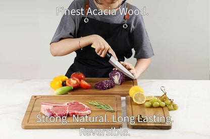 Sango Acacia Cutting Board Set - 3-Piece Wood Chopping Boards with Juice Grooves & Hanging Holes | Stackable, Reversible, Non-Toxic