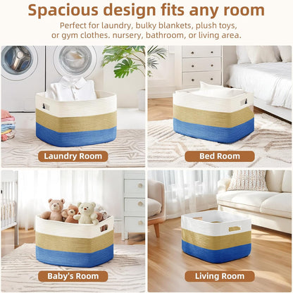 Skiennix Cotton Rope Basket - Large 72L Woven Storage for Blankets, Laundry, Toys | White & Dark Blue