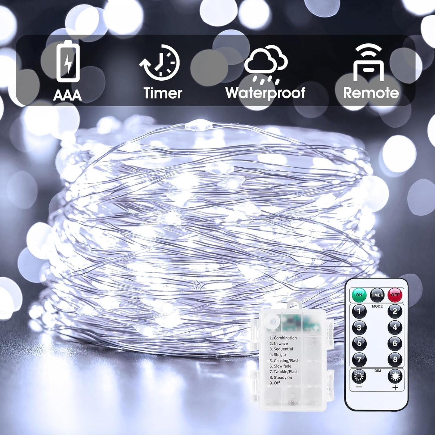 33Ft 100LED Outdoor String Lights - Pure White Fairy Lights with Remote | Waterproof Twinkle Lights for Indoor & Outdoor Decor