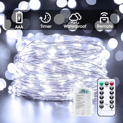 33Ft 100LED Outdoor String Lights - Pure White Fairy Lights with Remote | Waterproof Twinkle Lights for Indoor & Outdoor Decor