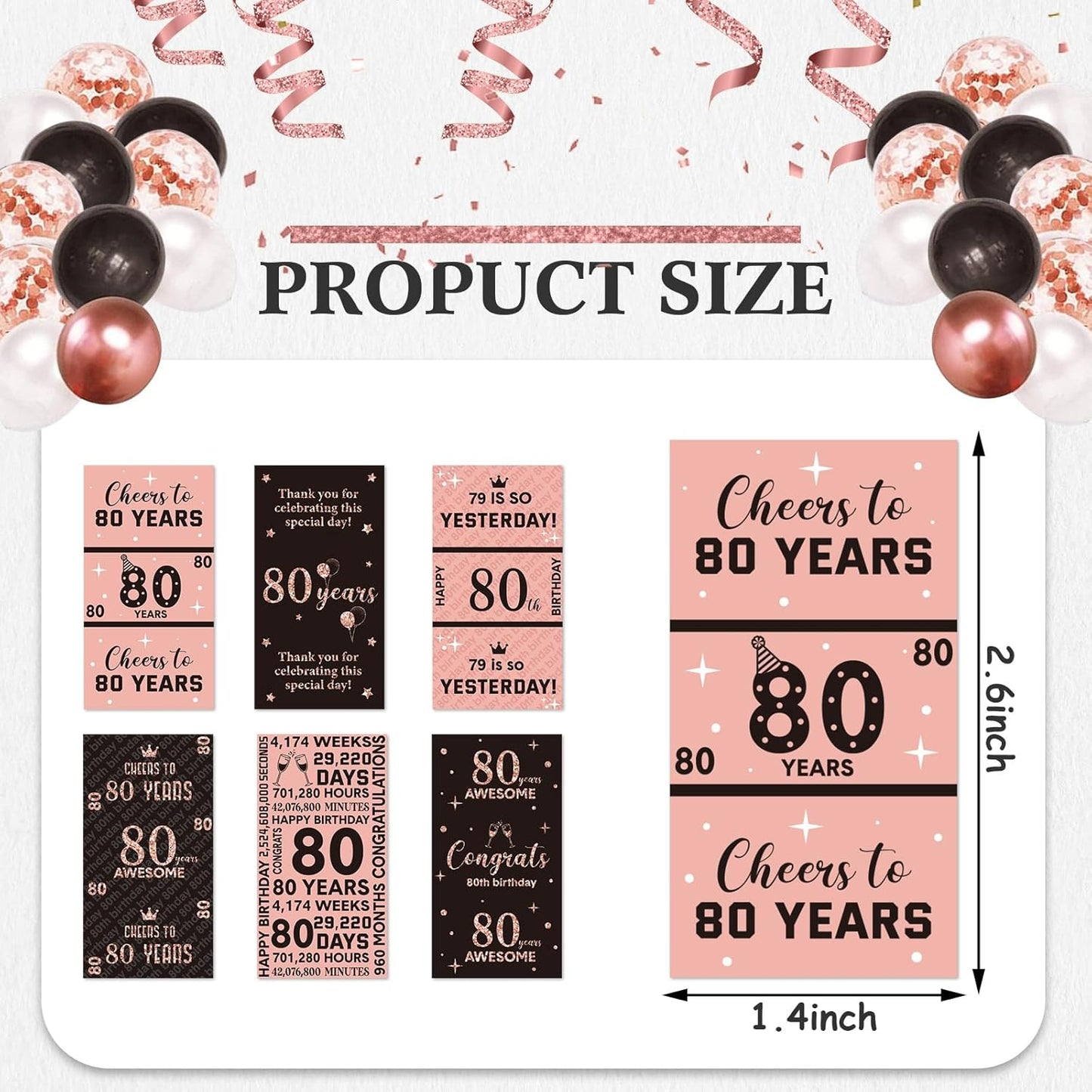 Tenare 90 Pcs 80th Birthday Candy Bar Wrappers - Black & Pink Stickers for Women’s Celebration