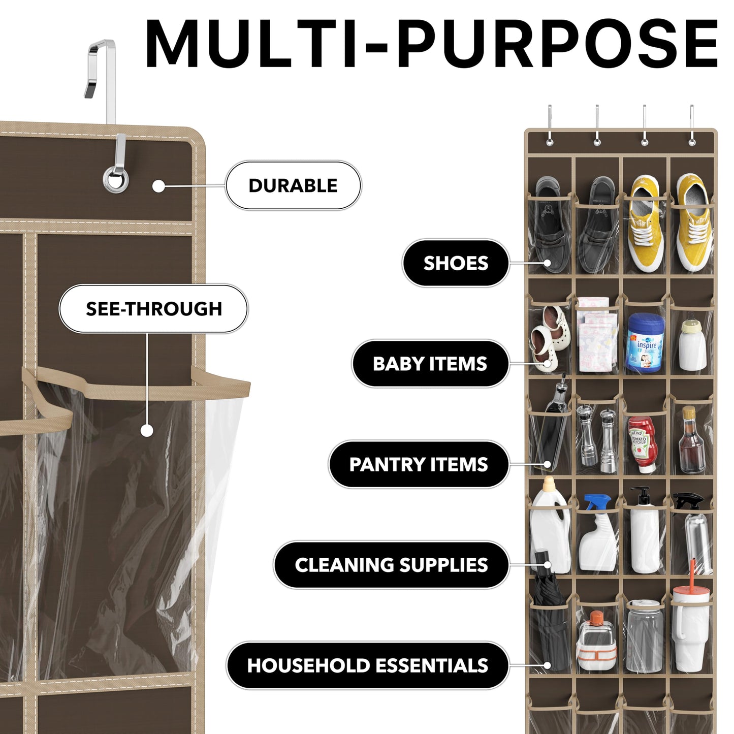 Simple Houseware 24 Pockets - Crystal Clear Over The Door Hanging Shoe Organizer, Brown (64'' x 19'')