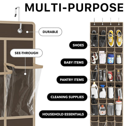 Simple Houseware 24 Pockets - Crystal Clear Over The Door Hanging Shoe Organizer, Brown (64'' x 19'')