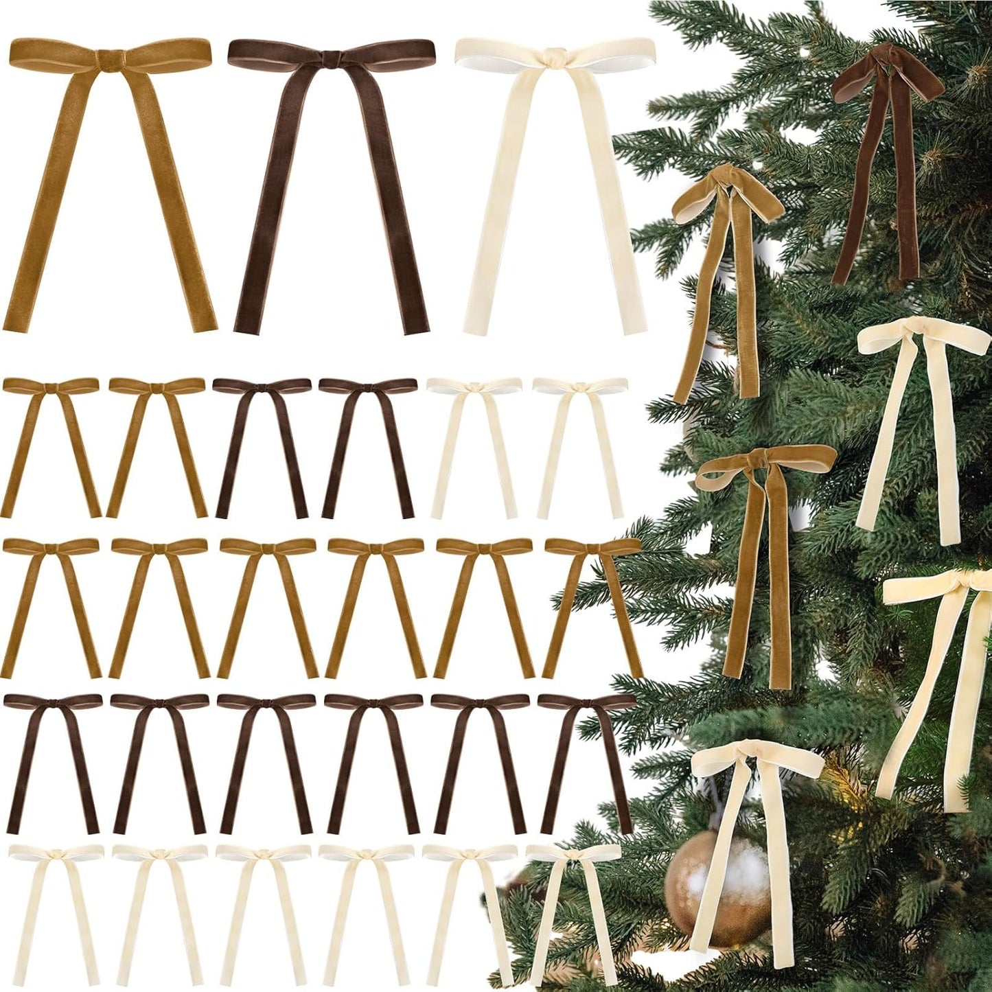 Skiennix 24 Pcs Velvet Bows - Vintage Ribbon Bows for Christmas Tree & Crafts | 5 x 7 Inch, Brown, Khaki, Beige
