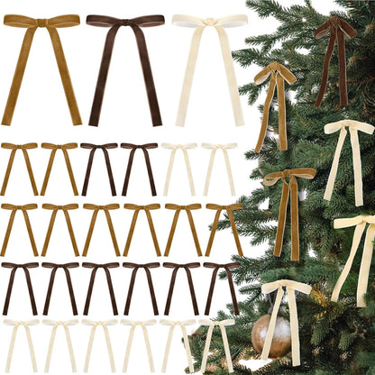 Skiennix 24 Pcs Velvet Bows - Vintage Ribbon Bows for Christmas Tree & Crafts | 5 x 7 Inch, Brown, Khaki, Beige