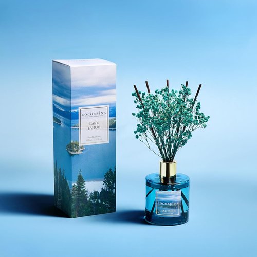 COCORRÍNA Reed Diffuser - Lake Tahoe 6.7 Fl. Oz Set with 8 Sticks & Preserved Baby's Breath | Home Decor