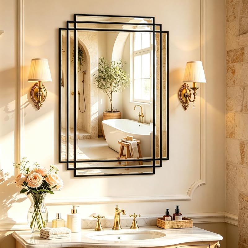 36x24 Black Wood Framed Beveled Mirror - Geometric Wall Mirror, 36"L x 24"W - Variation: Black+36"L x 24"W