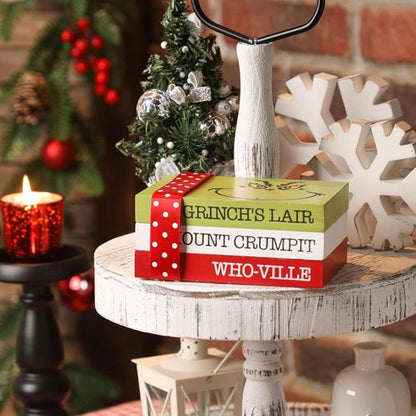 Grinch Christmas Decor - Wood Book Stack for Farmhouse Tiered Tray | Festive Home Table Accent