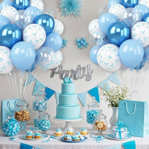 Blue Bow Balloons - 30 Pcs 12-Inch Blue & White Printed Balloons for Bachelorette Party Decor