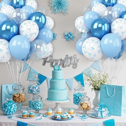 Blue Bow Balloons - 30 Pcs 12-Inch Blue & White Printed Balloons for Bachelorette Party Decor