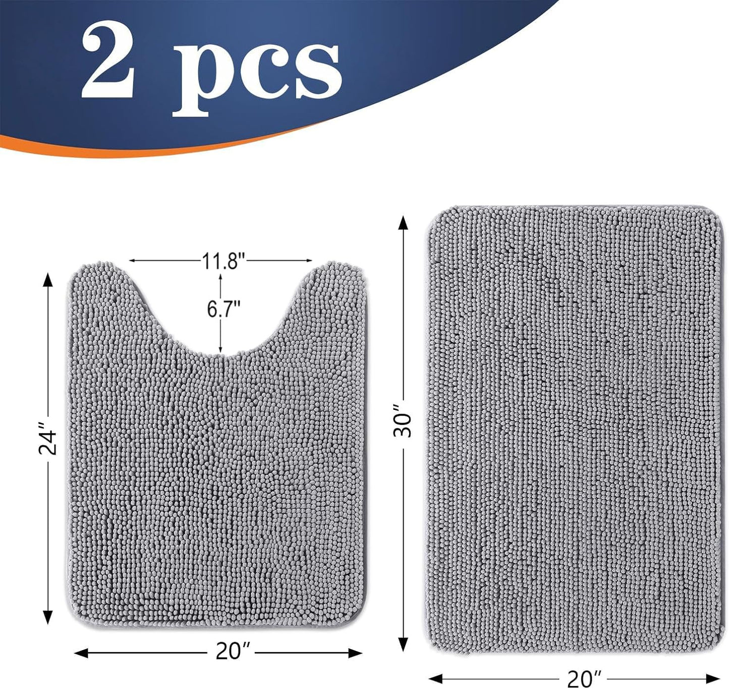 OLANLY Bathroom Rugs Set - Soft Absorbent Chenille Bath Mats & U-Shaped Toilet Mat | Machine Washable, Grey (30"x20" + 24"x20")