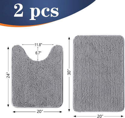 OLANLY Bathroom Rugs Set - Soft Absorbent Chenille Bath Mats & U-Shaped Toilet Mat | Machine Washable, Grey (30"x20" + 24"x20")