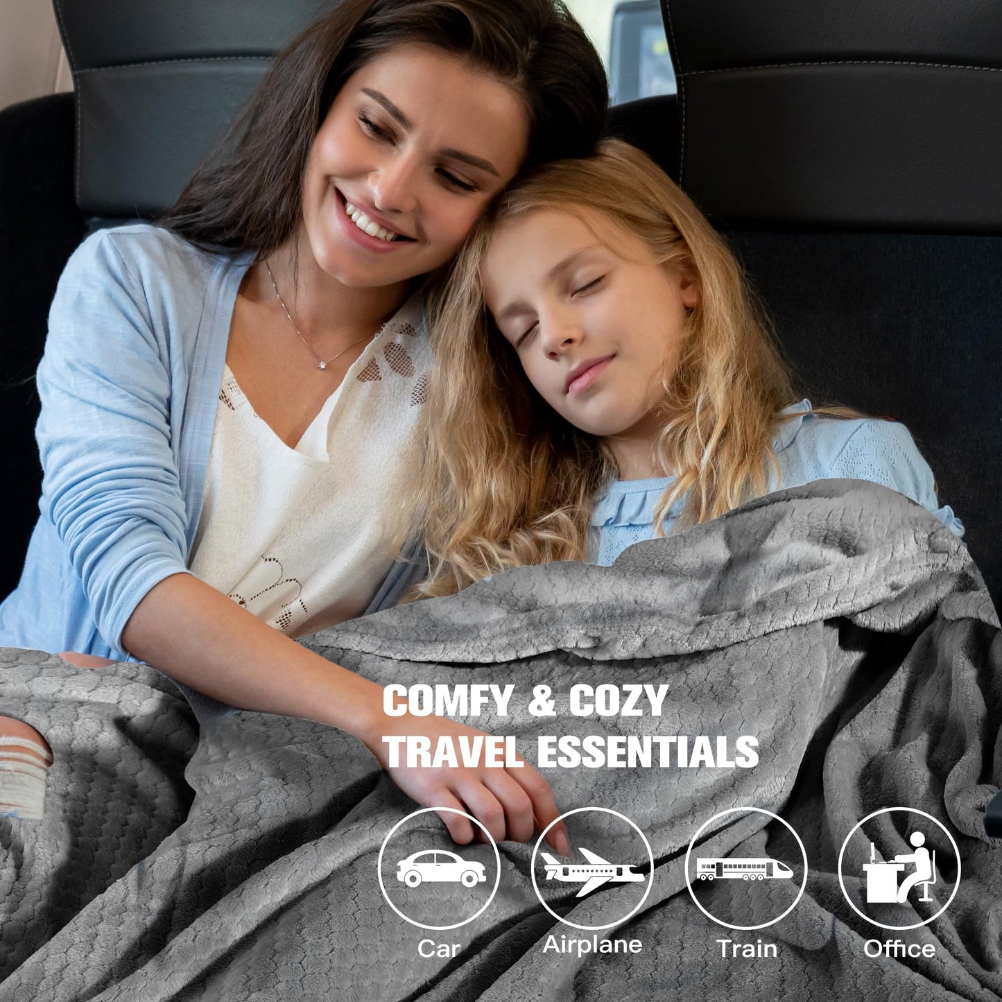 Plush & Plaid 2-Pack Travel Blanket Airplane Compact with Bag, Mid-Weight Soft Throw Blanket Pillow for Long/Short Flight, Portable Packable with Luggage Sleeve and Backpack Clip, 40x65, Gray