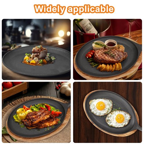4 PCS Fajita Skillet, Cast Iron Skillet Set, Sizzler Plates With Wooden Base And Handle Cover, Steak Plates, Cast Iron Plates for Home Party Eating