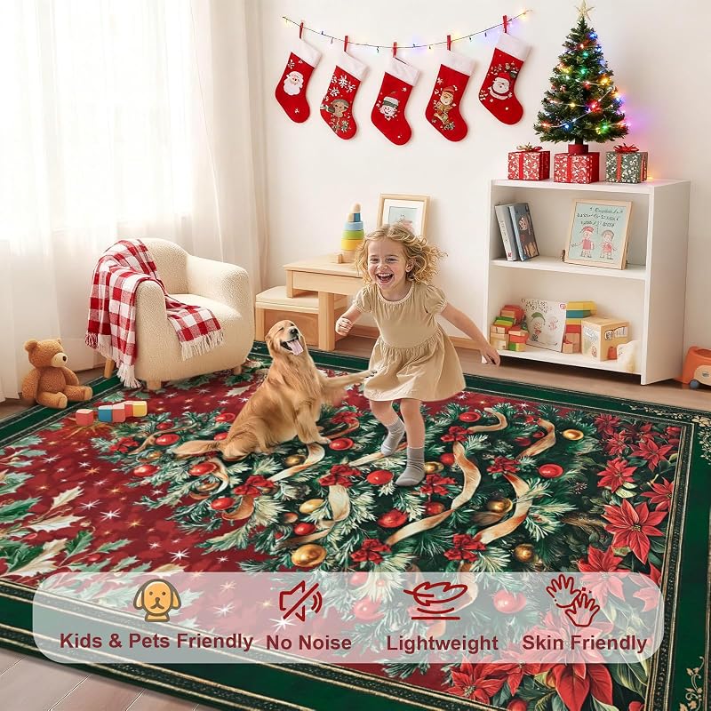 2x3 ft Red Christmas Area Rug with Non-Slip Backing - Washable Entryway Door Mat, Vintage Tree Design