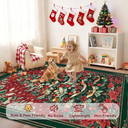 2x3 ft Red Christmas Area Rug with Non-Slip Backing - Washable Entryway Door Mat, Vintage Tree Design