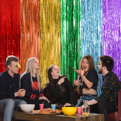 Skiennix Rainbow Party Backdrop Streamers - Colorful Foil Fringe Curtains for Birthdays & Celebrations | 2 Pack