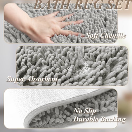 Barossa Design No Hook Shower Curtain Sets with Rugs - Gray Bathroom Rugs Sets 2 Piece and Snap in Liner Bathroom Curtains, Light Grey