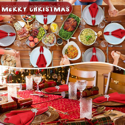 Snowflake & Tree Napkin Ring Set - 16 Pcs Red Cloth Napkins with 8 Metal Rhinestone Rings (Variation: Snowflake, Tree)