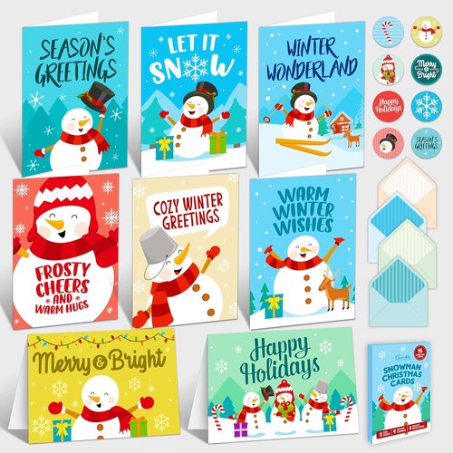 Decorably Christmas Cards - 16 Pack 5x7in Snowman Designs with Envelopes & Stickers for Holiday Greetings