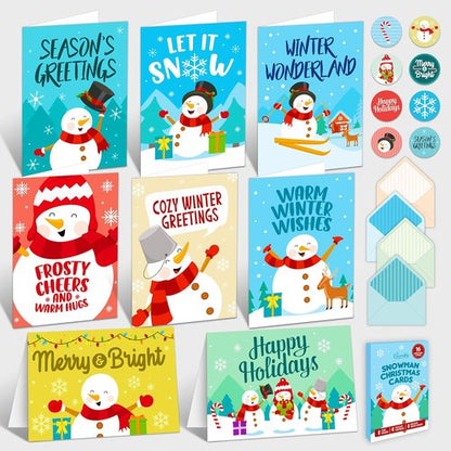 Decorably Christmas Cards - 16 Pack 5x7in Snowman Designs with Envelopes & Stickers for Holiday Greetings