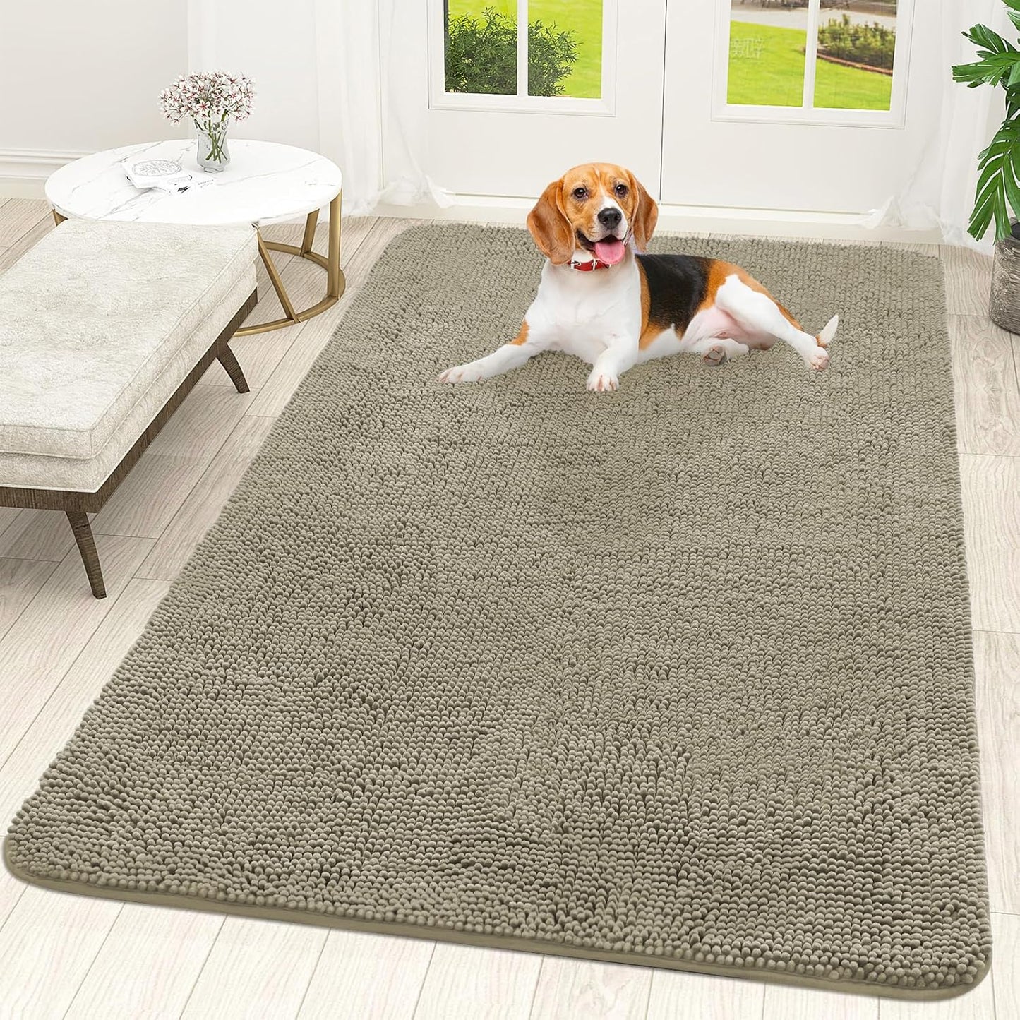 OLANLY Dog Door Mat - Absorbent Non-Slip Chenille Mat for Muddy Paws | 59x35 Warm Taupe