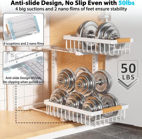 Liuoud Under Sink Organizer - 2 Pack Adjustable 2-Tier Storage for Kitchen & Bathroom Cabinets - White