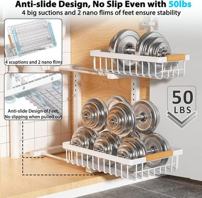 Liuoud Under Sink Organizer - 2 Pack Adjustable 2-Tier Storage for Kitchen & Bathroom Cabinets - White